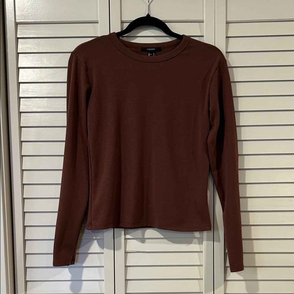 Forever 21 Long Sleeve Crewneck Top - Chocolate Brown Size L